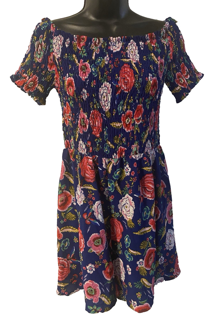 MONTEAU Womens Ruched Babydoll Romper Size XL Blue Floral Milkmaid Forest Fairy